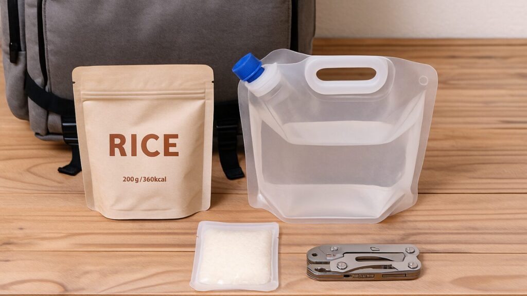 軽量化を意識した防災グッズ(アルファ米・折りたたみタンク・マルチツール)