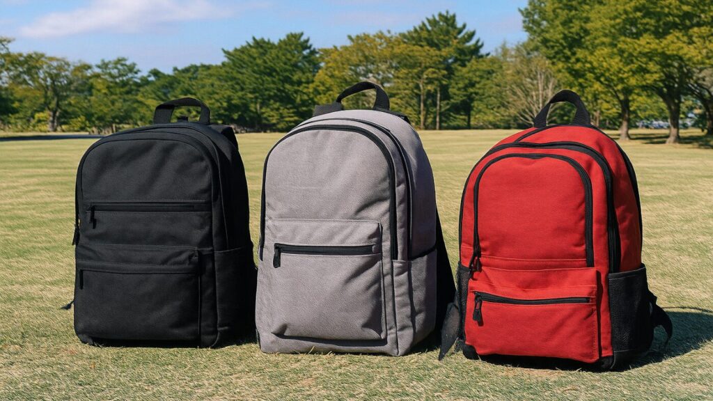 芝生に並べられた防災バッグ3種の比較イメージ