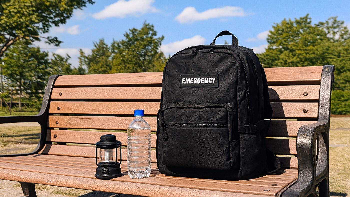 防災バッグと防災グッズを屋外ベンチに置いた様子