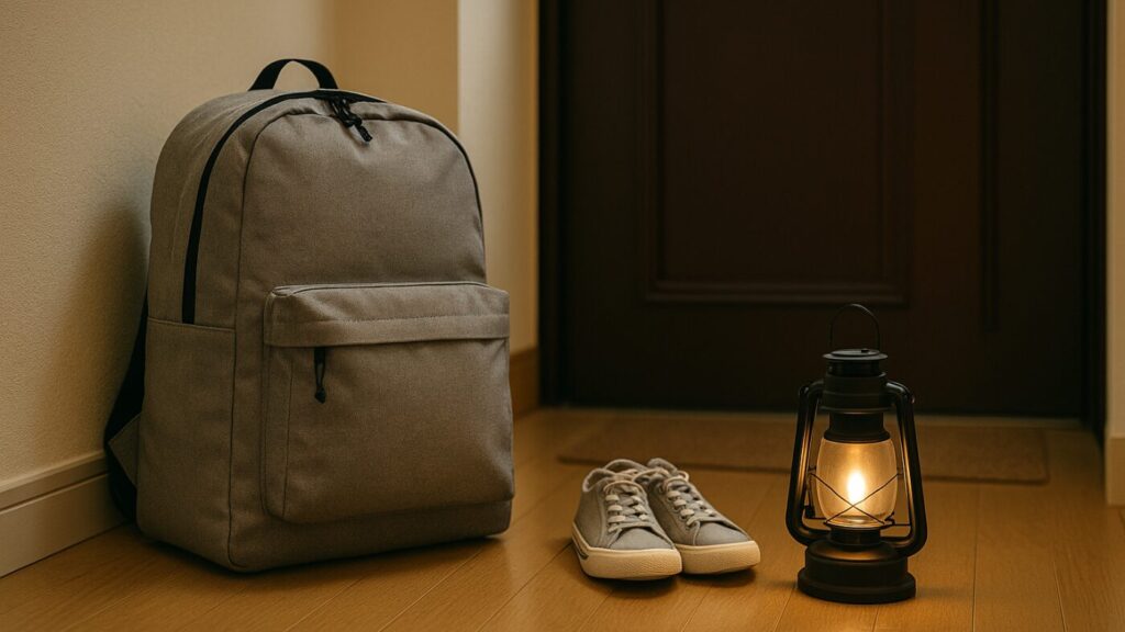 玄関に防災リュックが並び、安心感を感じる様子