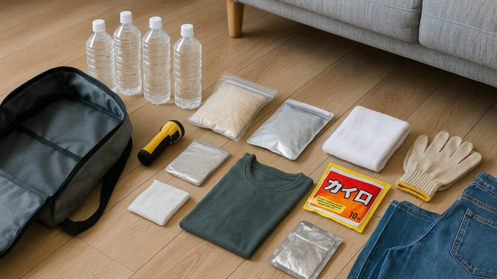 防災リュックを点検して中身を広げている様子