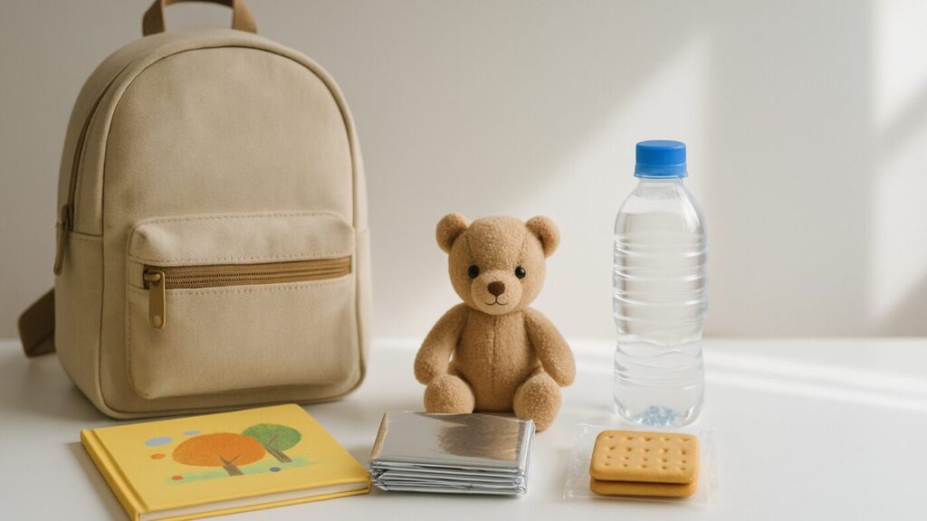 子ども用防災グッズが並べられている様子