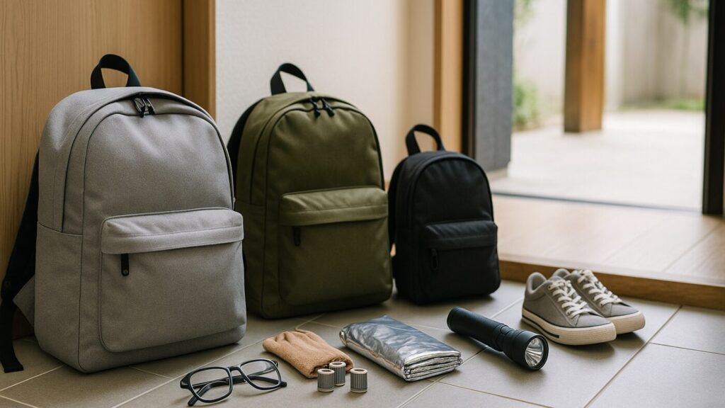 玄関に並べられた防災リュックと靴