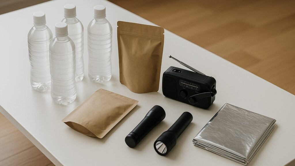 テーブルに並べられた防災リュックの中身