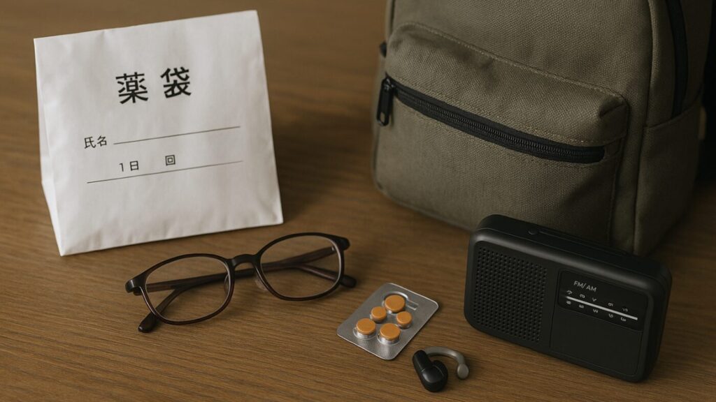 高齢者用防災グッズが並べられている様子