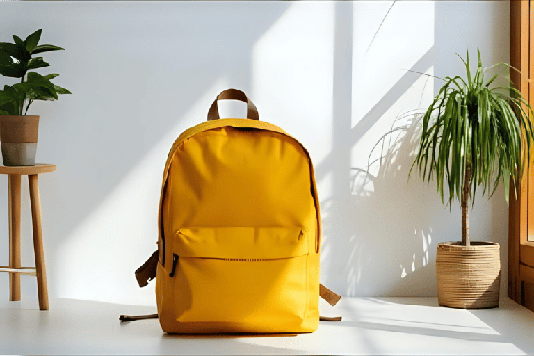 一人暮らしの部屋に置かれた防災リュックと観葉植物。日常に馴染む備えのイメージ