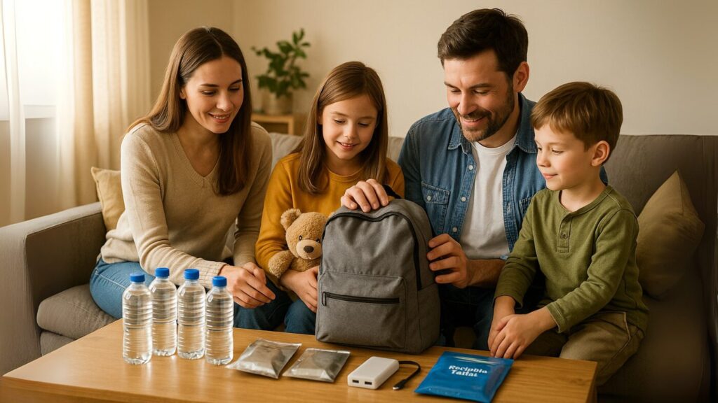 防災セット家族用を確認する4人家族の様子