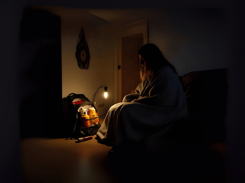 停電時の部屋で毛布にくるまって座る女性と、ライトで照らされた防災バッグ