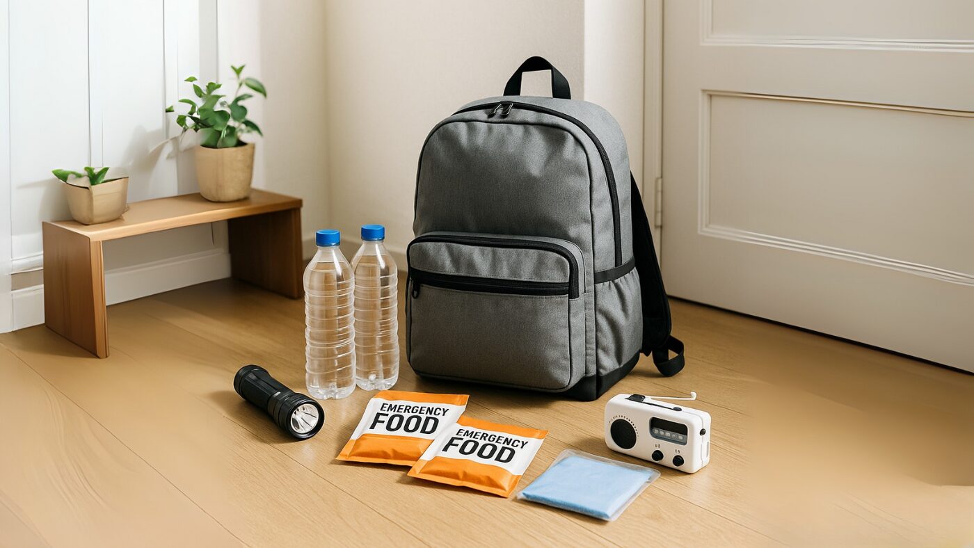 防災セットおすすめのアイキャッチ(リュックと防災グッズ)