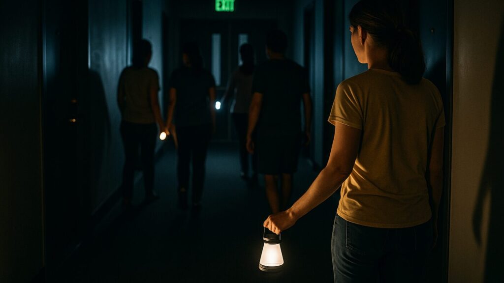 停電した集合住宅の廊下で非常灯の下を避難する人々