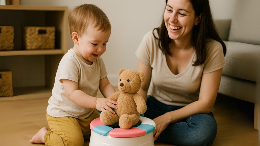 子どもが折りたたみ便座にぬいぐるみを座らせて遊び、親が見守る様子