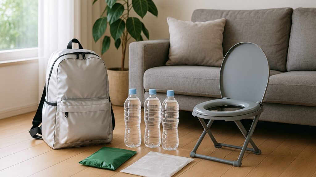 明るいリビングに防災リュックと簡易トイレ、保存水、防臭袋が整然と置かれている様子