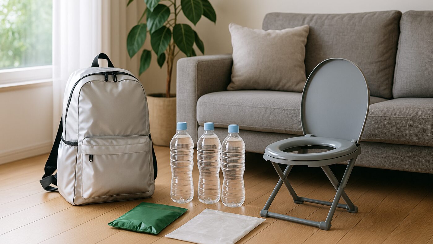 明るいリビングに防災リュックと簡易トイレ、保存水、防臭袋が整然と置かれている様子