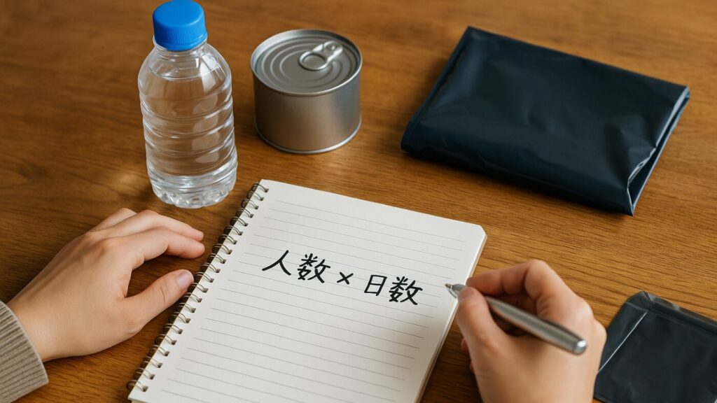 ノートに人数×日数の計算を書き込み、防災用品を並べて備蓄を考える手元