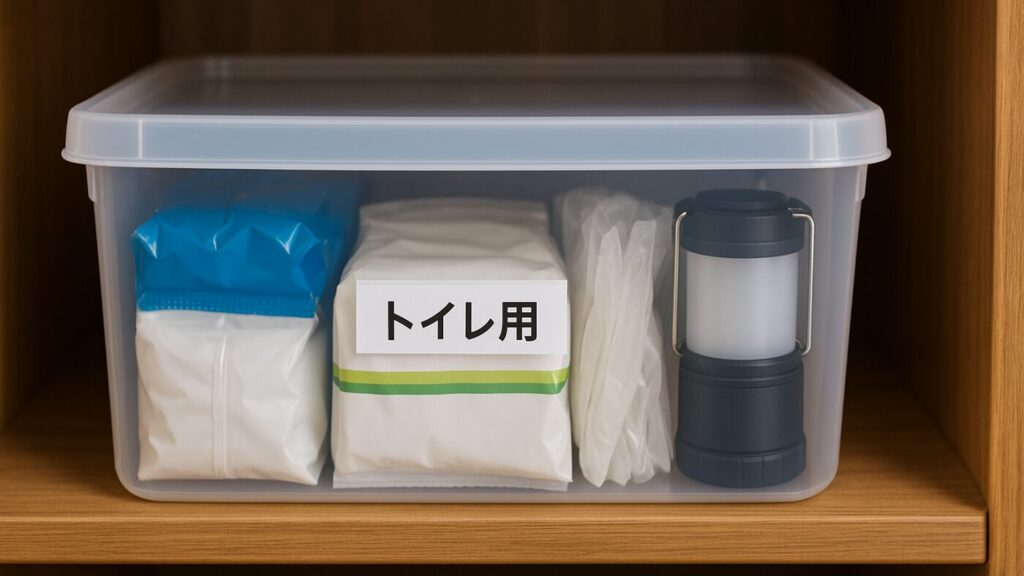 防臭袋やウェットティッシュ、小型LEDランタンを整理した透明な収納ボックス