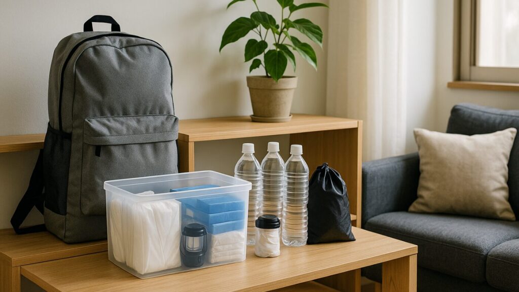 リビングの棚に防災リュックや収納ボックス、保存水、小型LEDランタンが整然と並ぶ防災備蓄のイメージ