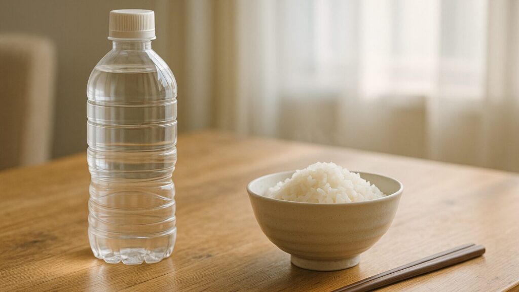 木のテーブルに保存水と白いご飯茶碗が置かれている。日常に溶け込む非常食の備えを表現した写真。