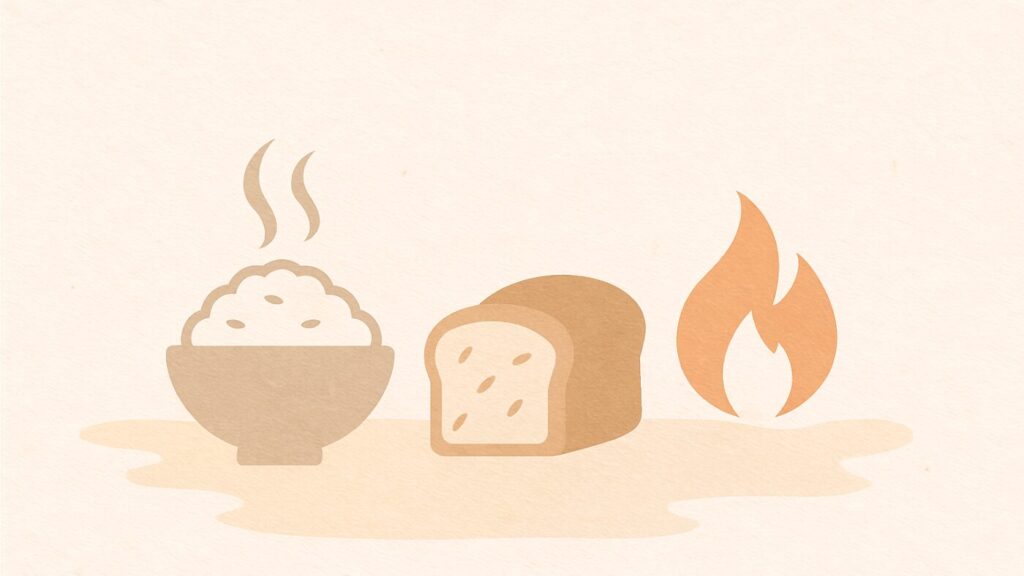 ご飯とパンと炎を組み合わせた非常食の抽象イメージ