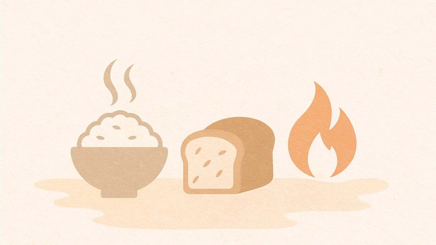 ご飯とパンと炎を組み合わせた非常食の抽象イメージ