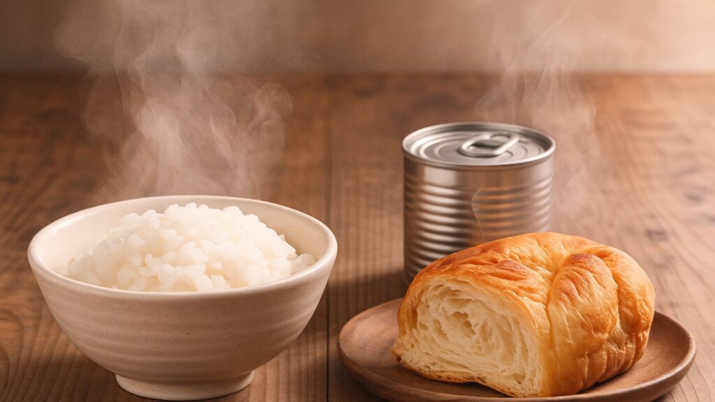 白いご飯とデニッシュパンから湯気が立ちのぼる非常食のイメージ