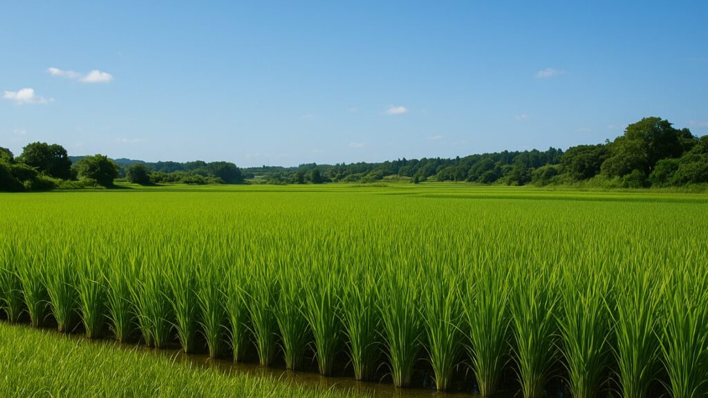 青空の下に広がる緑の田んぼ。米と日本の食文化を象徴する風景。