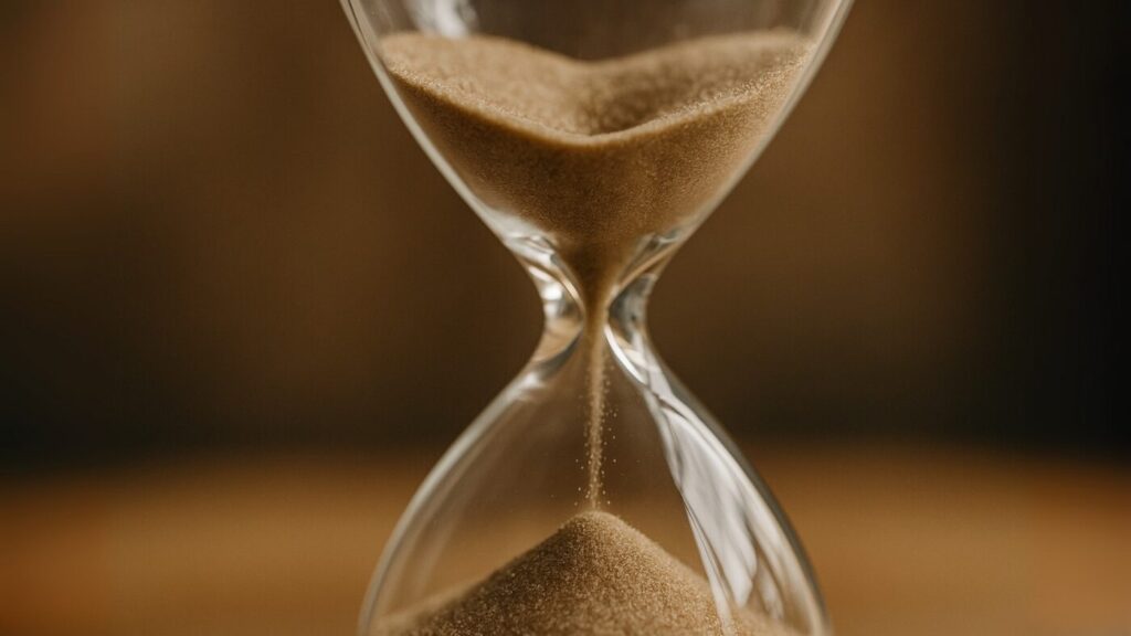 砂時計の砂が落ちているアップ。備蓄と時間を象徴的に表す。