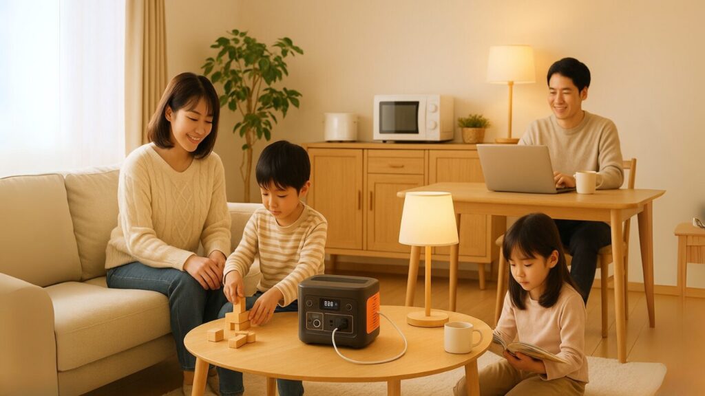 明るいリビングでJackeryポータブル電源を使い、冷蔵庫や照明を稼働させる家族