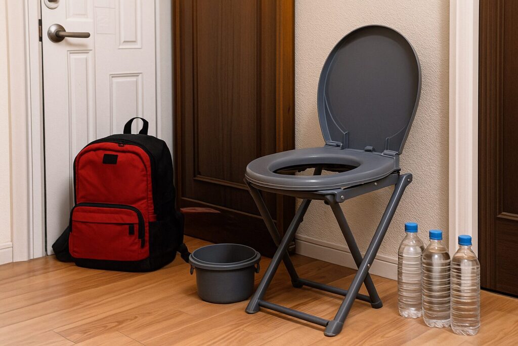 玄関に設置された折りたたみ式の便座付き簡易トイレ。横に防災リュックと水のボトルが並ぶ。