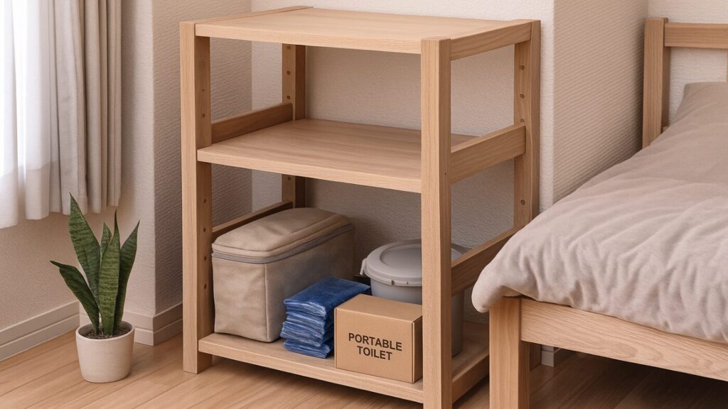 ワンルームの棚に収納されたコンパクトな簡易トイレセット。最小限の備えとして自然に馴染む雰囲気。