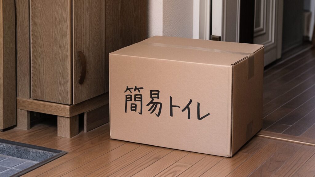 玄関の下駄箱の横に置かれた「簡易トイレ」と書かれた段ボール箱。すぐ取り出せる備蓄の様子。