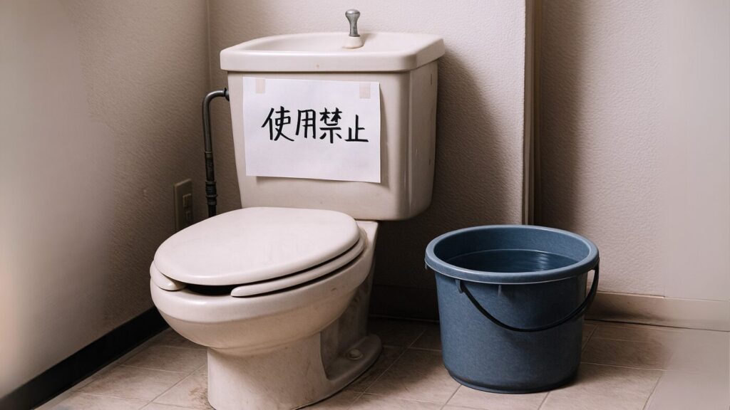 使用禁止の貼り紙がされた家庭の水洗トイレ。横に水の入ったバケツが置かれ、断水で困る状況を表現。