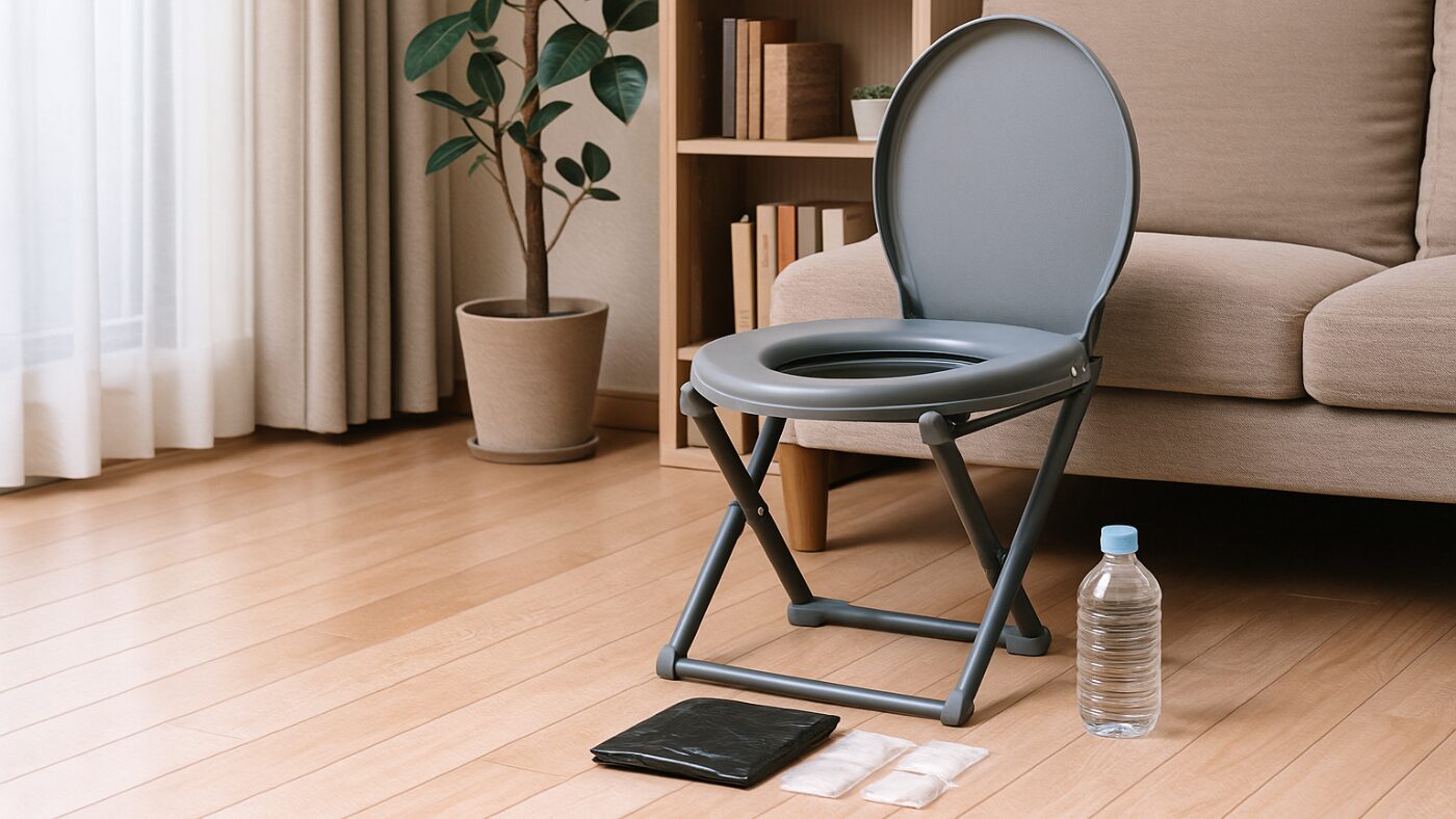 明るいリビングの隅に置かれた折りたたみ式の簡易トイレと防臭袋・凝固剤・ペットボトル水。日常空間に自然に馴染む様子。