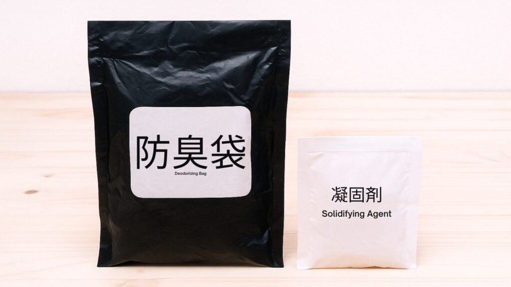 白い背景のテーブルに大きめに置かれた防臭袋と凝固剤の小袋。防災用トイレ用品がわかりやすい構図。