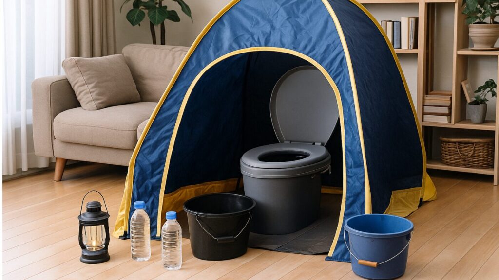 リビングに設置された子ども用テントで隠された簡易トイレ。横にバケツや水、ランタンが置かれ安心して過ごす様子。
