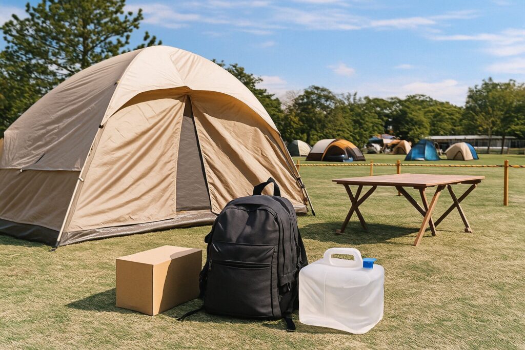 芝生のキャンプ場に設置されたテントと防災リュック、ウォータータンク