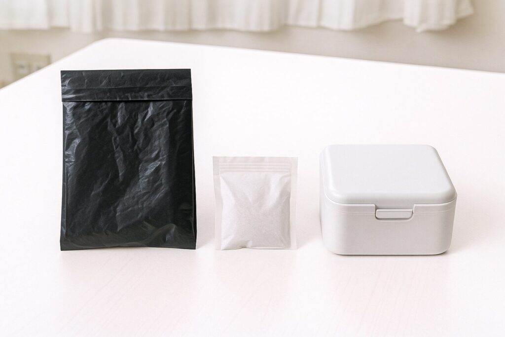 白いテーブルに並べられた黒い防臭袋・凝固剤パック・小型ボックスの携帯トイレセット