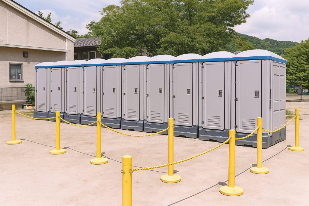 避難所の屋外に整然と並ぶ仮設トイレと行列スペース