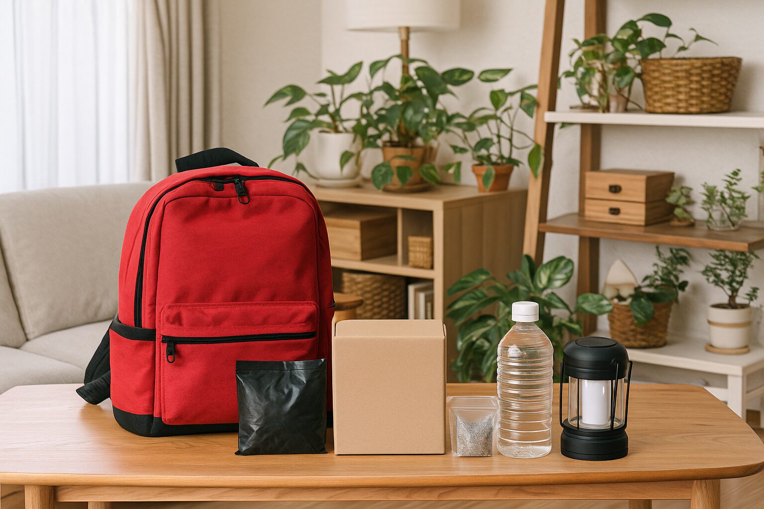 携帯トイレと防災リュック・水が日常空間に整然と並ぶ明るい室内シーン