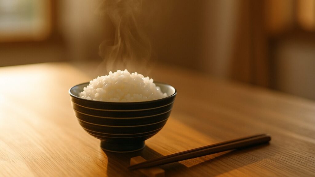 朝の光が差し込むテーブルに、湯気の立つ白いご飯茶碗と箸。安心感を象徴。