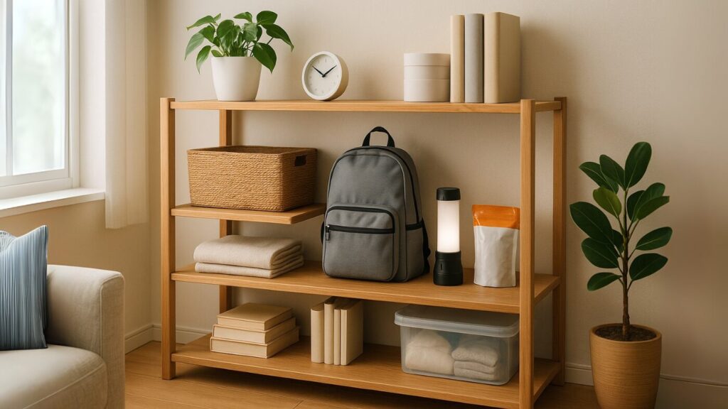 木製の棚に日用品と小型ライトが整然と並ぶ、自然光が差し込む整ったリビングの一角