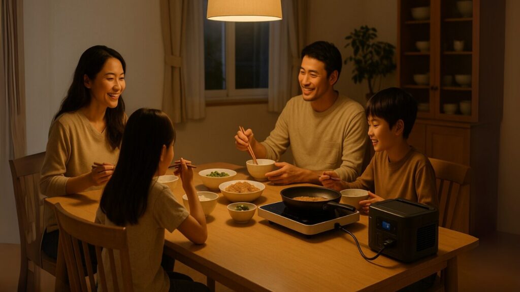 家庭のダイニングでPECRONポータブル電源を使い、照明や家電を動かしている様子