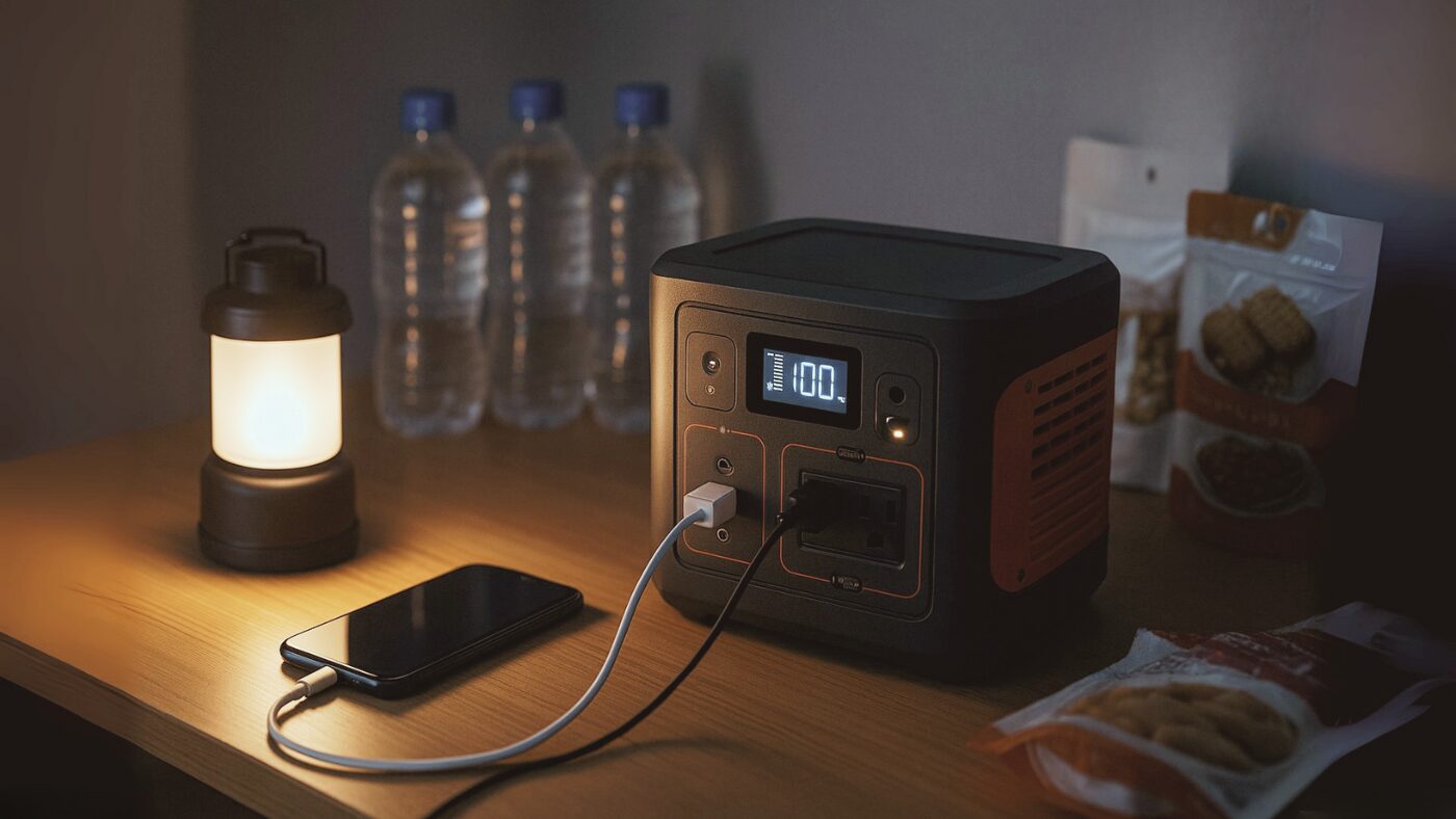 停電時にポータブル電源でLEDランタンとスマホを充電する様子