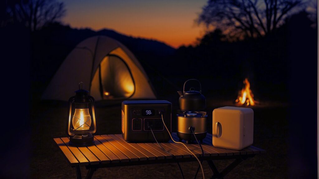 夕暮れのキャンプ場でポータブル電源を使い、冷蔵庫やランタンを動かしている様子