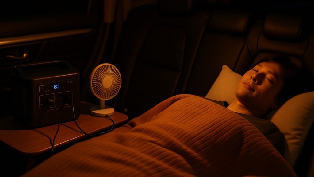 夜の車内でポータブル電源を使い、扇風機と電気毛布を動かしている様子