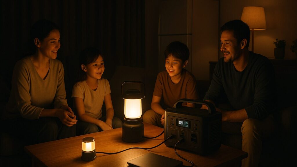 停電したリビングで家族がポータブル電源を使い、ランタンや家電を稼働させている様子