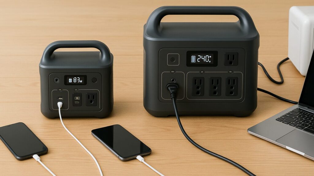 木の床に置かれた小型と大型のポータブル電源を比較している写真