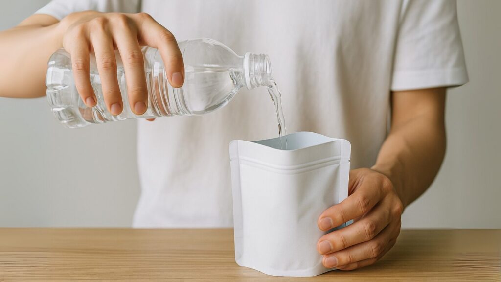 透明な保存水を袋に注ぐ手元のクローズアップ。調理不要の非常食をイメージ。