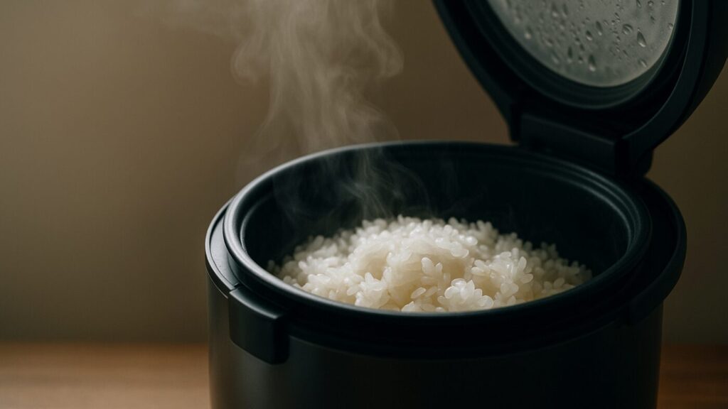 炊飯ジャーを開けた瞬間、白いご飯から湯気が立ちのぼる。温かさと安心感を象徴。