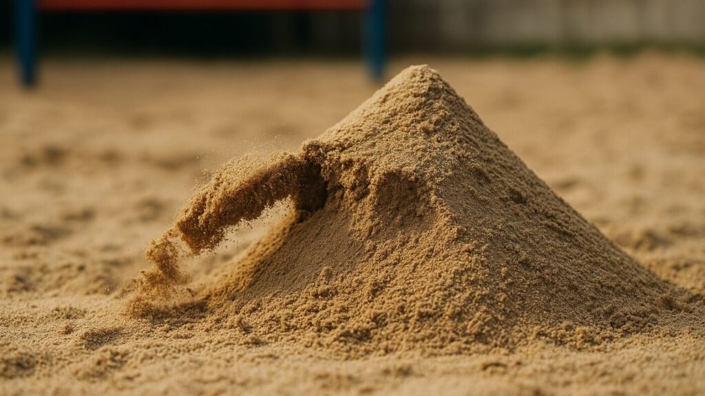 砂場の小さな砂山が崩れる瞬間を切り取った写真。災害の突然性を象徴。