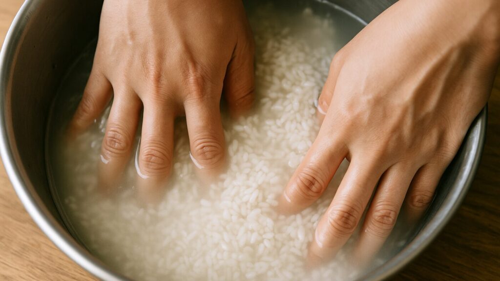 水の中でお米を研ぐ手元のアップ。日常と非常食のつながりを表現。